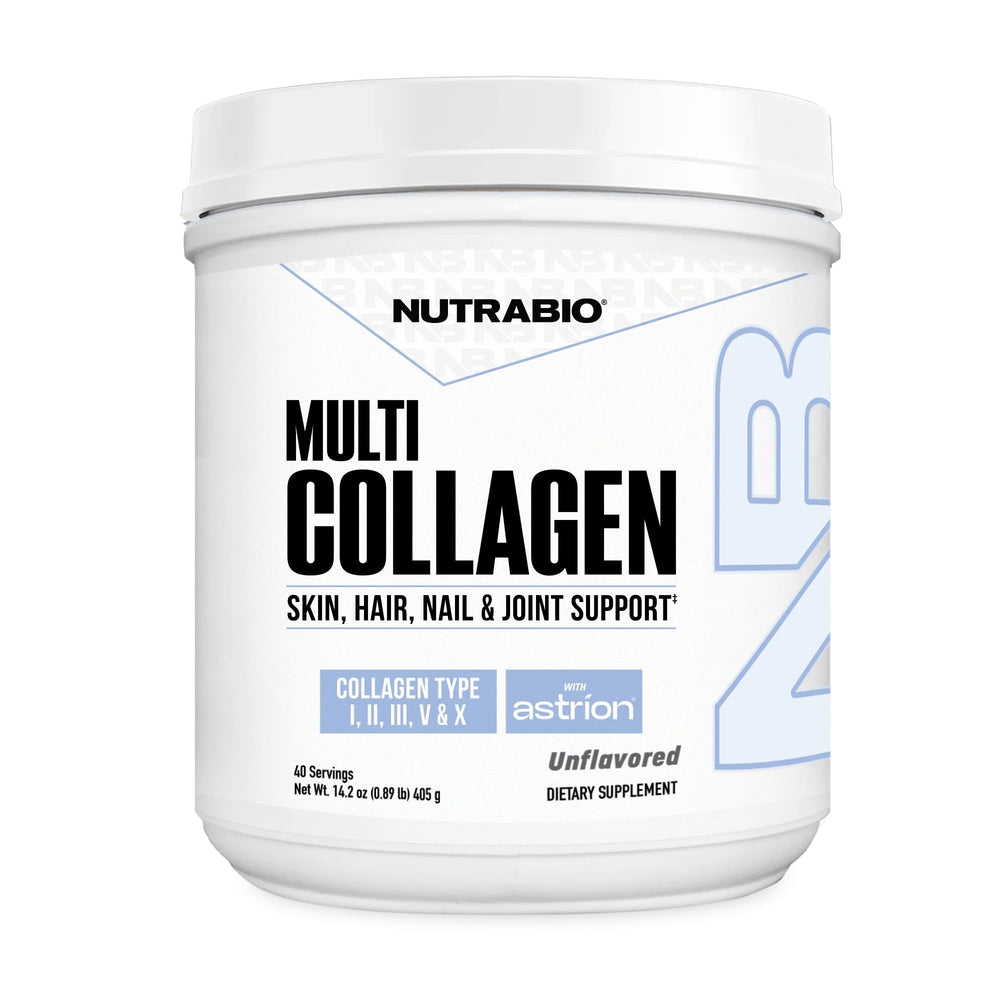 NutraBio Multi Collagen Powder bottle and scoop on white background