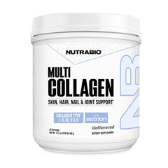 NutraBio Multi Collagen Powder bottle and scoop on white background