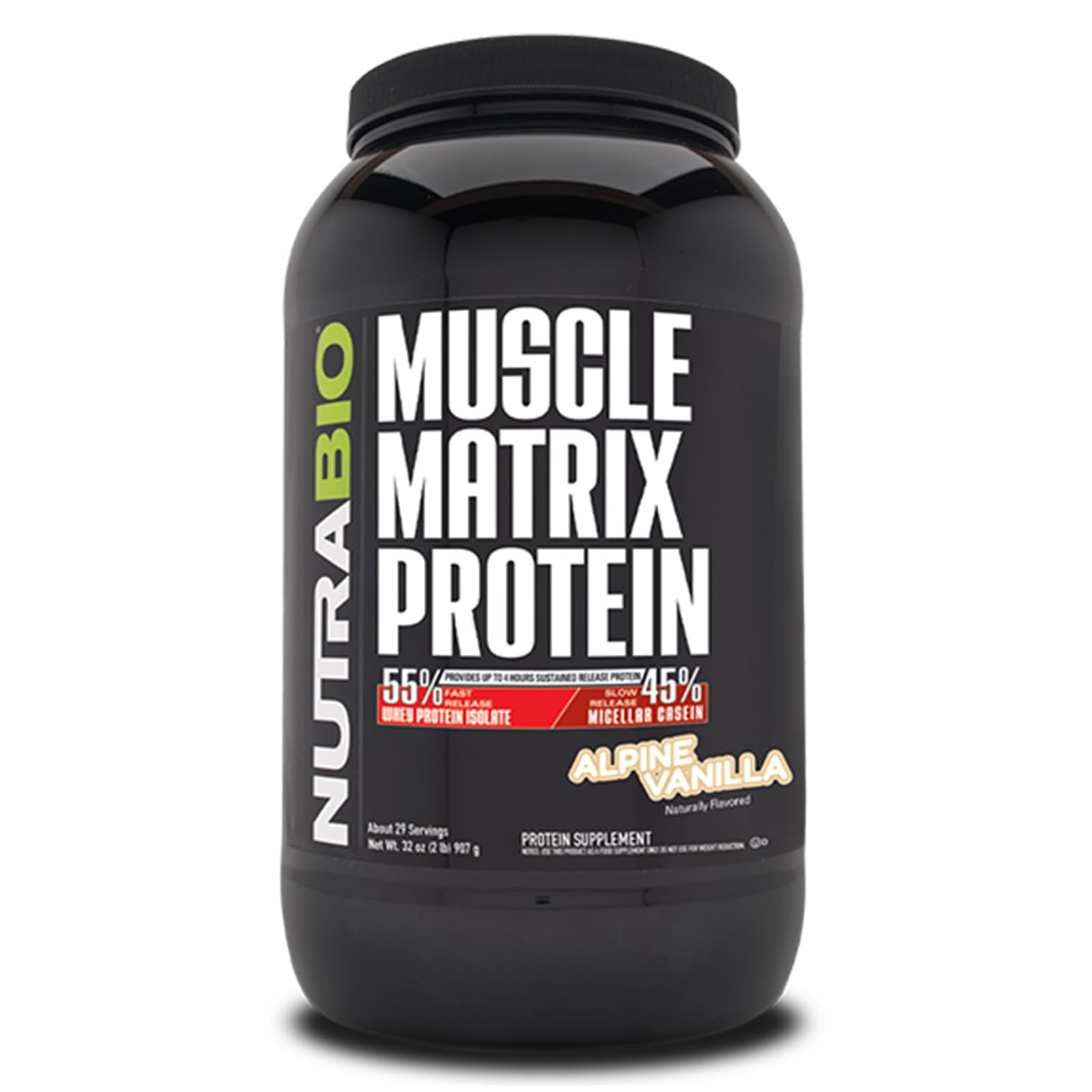 NutraBio Muscle Matrix vanilla tub, showing 28 servings, supports post-workout recovery with a balanced protein blend.