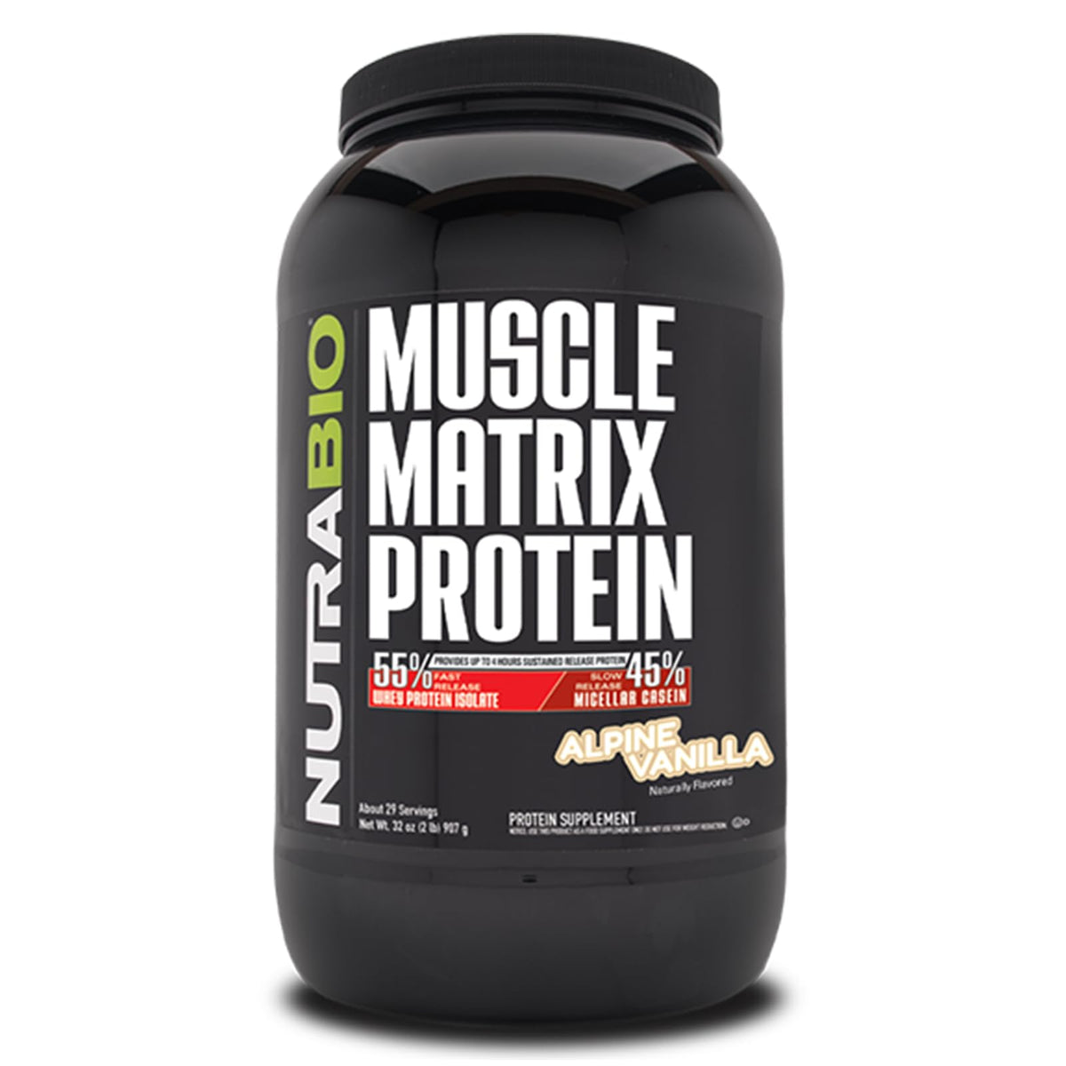 NutraBio Muscle Matrix vanilla tub, showing 28 servings, supports post-workout recovery with a balanced protein blend.