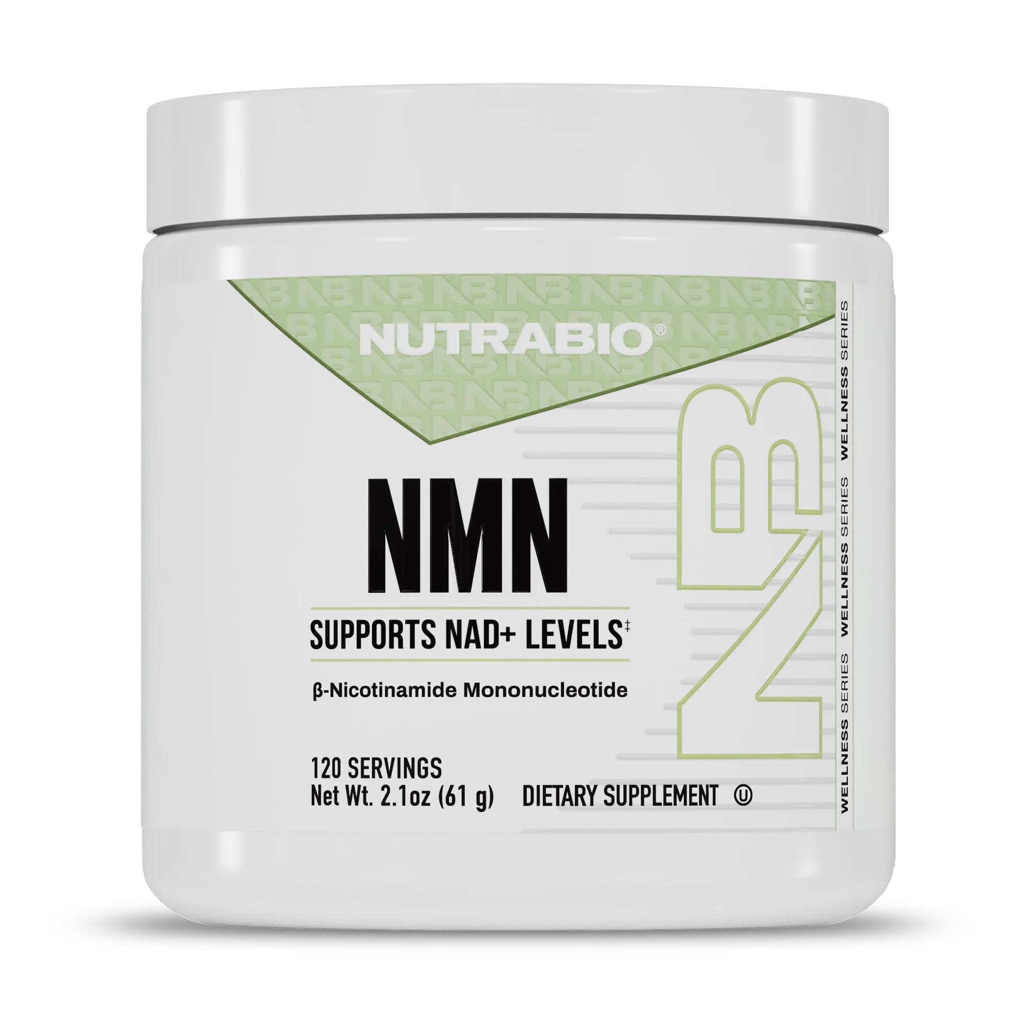 NutraBio NMN bottle front-angle showcasing daily energy support capsules.