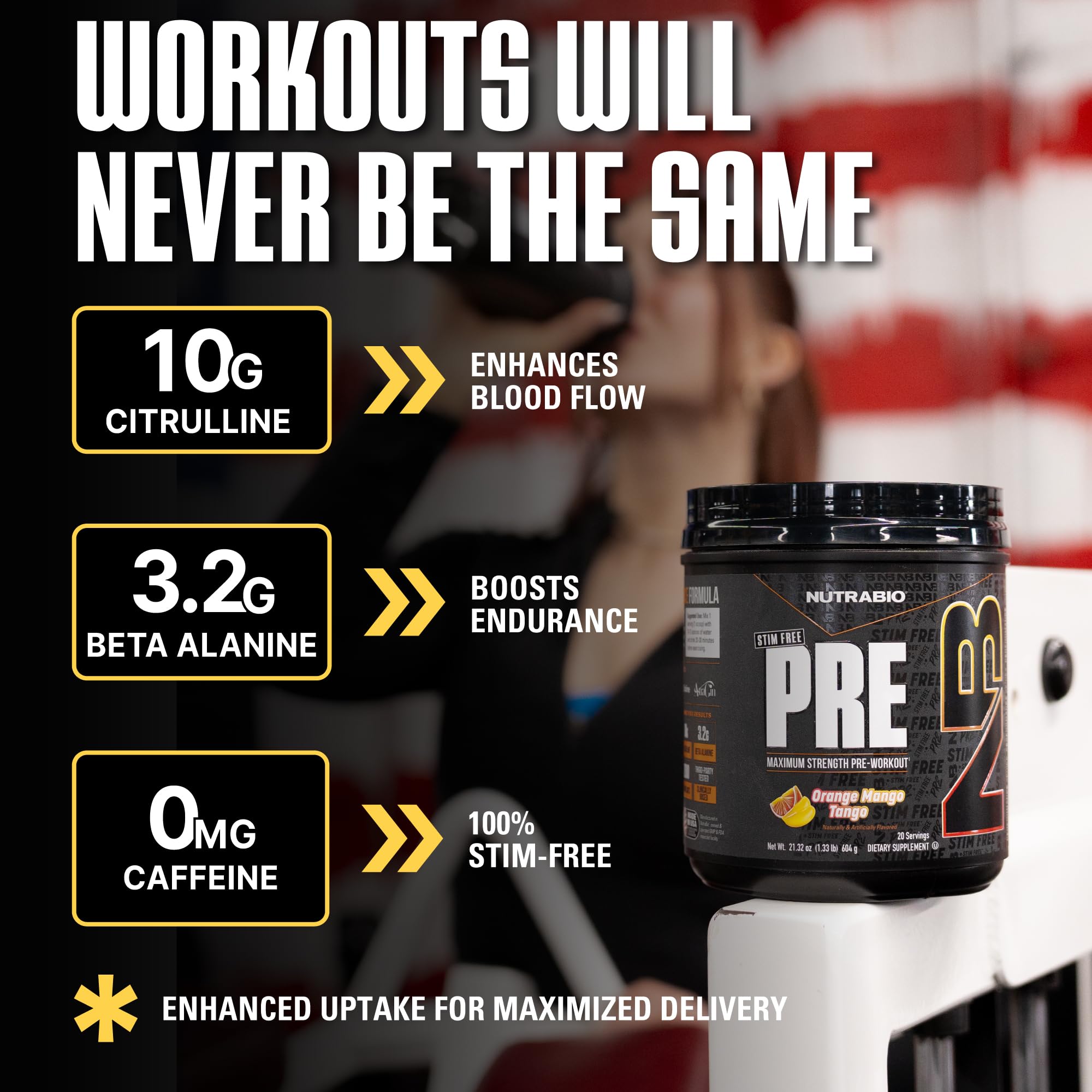 NutraBio STIM-Free PRE powder being poured for quick hydration and performance support