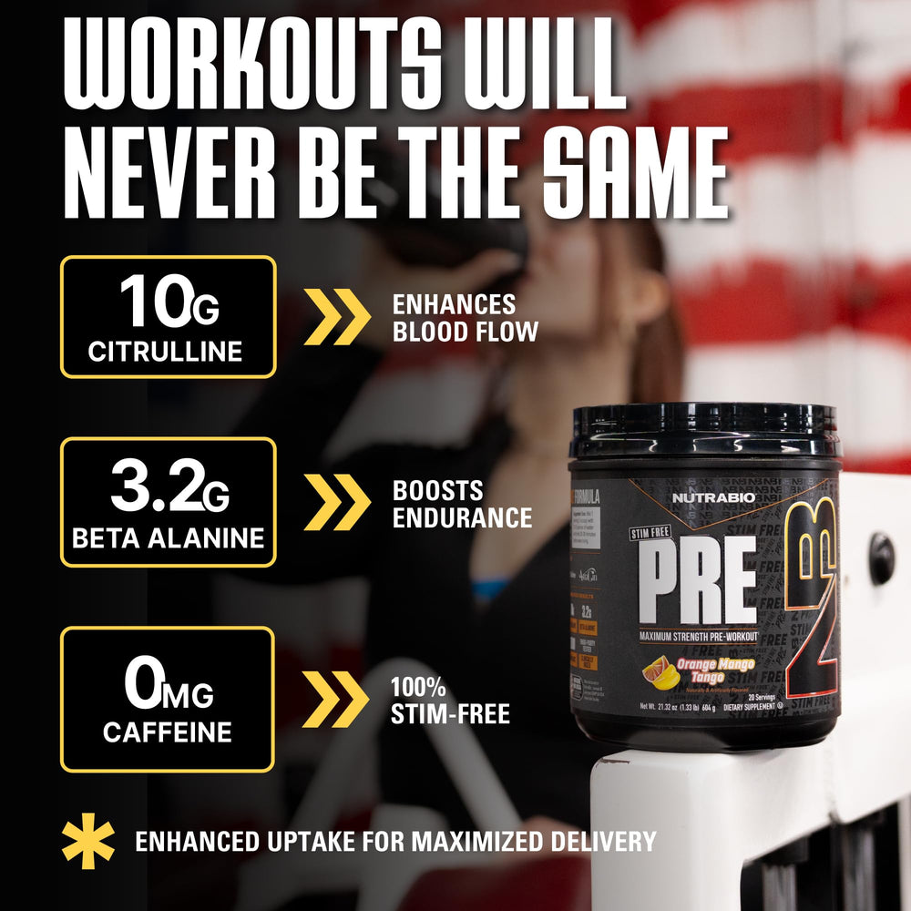 NutraBio STIM-Free PRE powder being poured for quick hydration and performance support