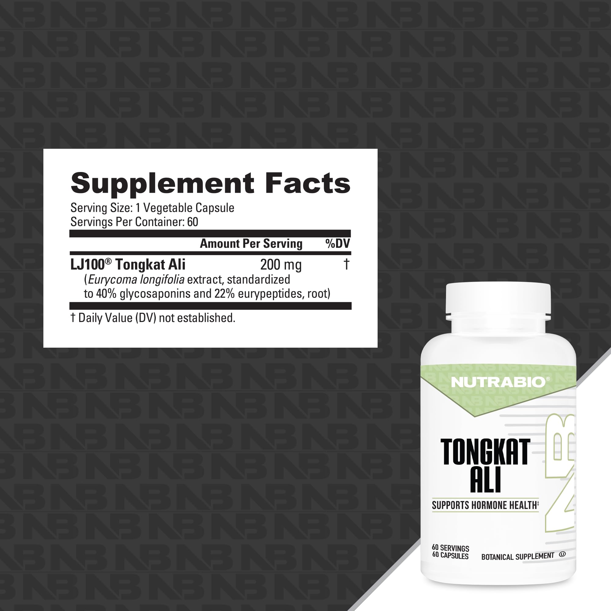 NutraBio Tongkat Ali 200mg capsules closeup highlights strength support.