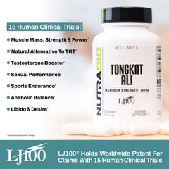 NutraBio Tongkat Ali capsules poured into a glass for daily use.