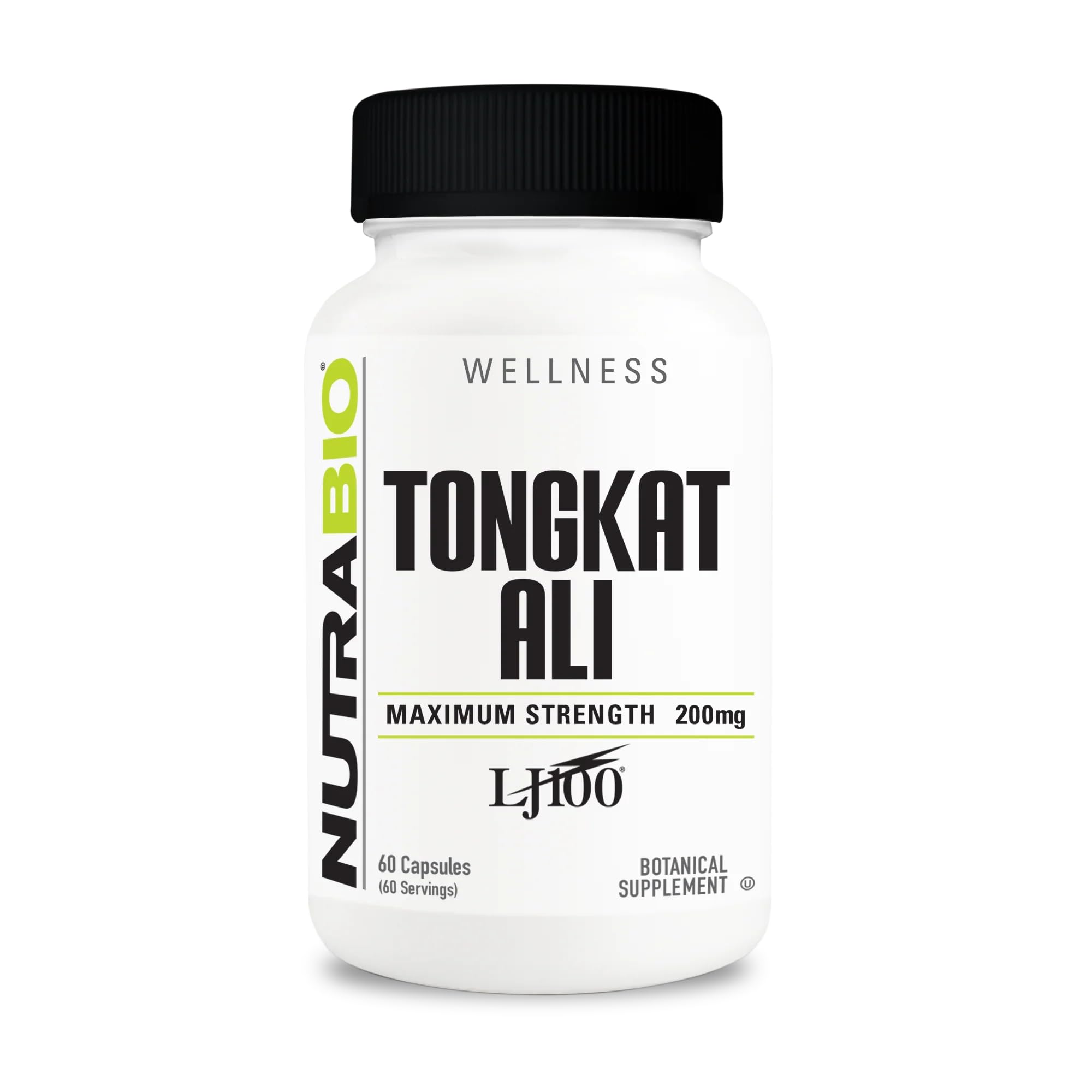 NutraBio Tongkat Ali Longjack bottle shows premium 200mg capsules for energy.
