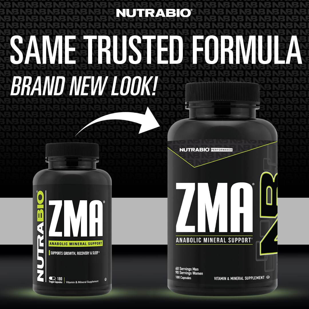 NutraBio ZMA bottle - back label with zinc, magnesium, and B6 information