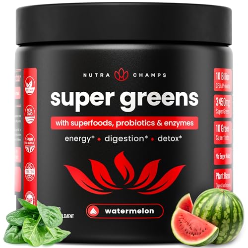 Front view of NutraChamps Super Greens powder tub