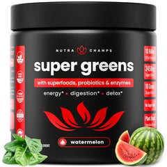 Front view of NutraChamps Super Greens powder tub