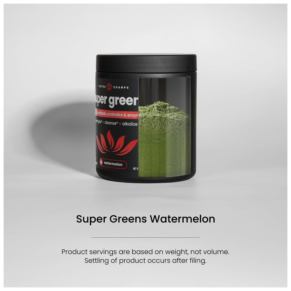 Nutrition facts label on NutraChamps Super Greens powder