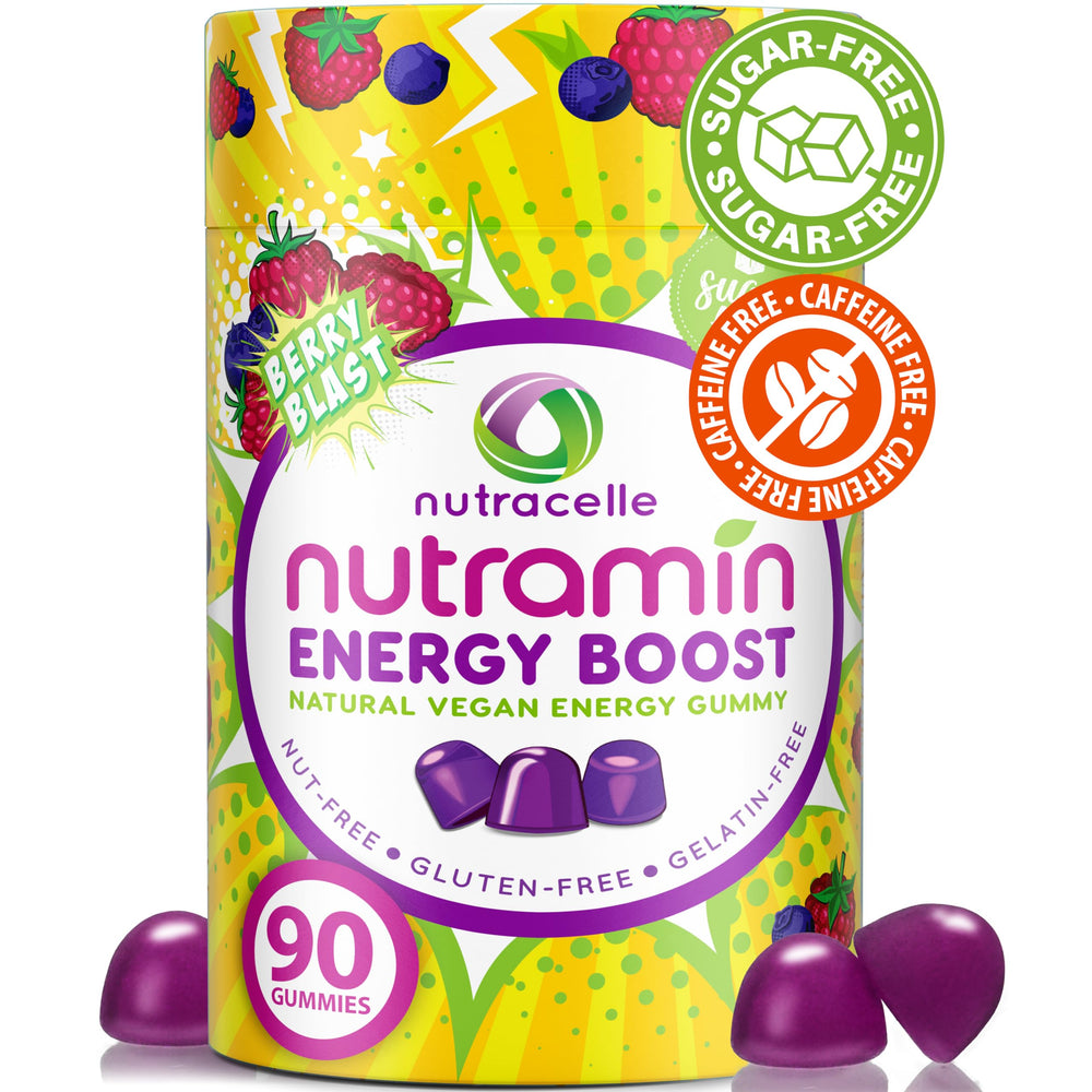 Nutracelle Nutramin Energy Boost bottle demonstrates caffeine-free energy support for busy days.