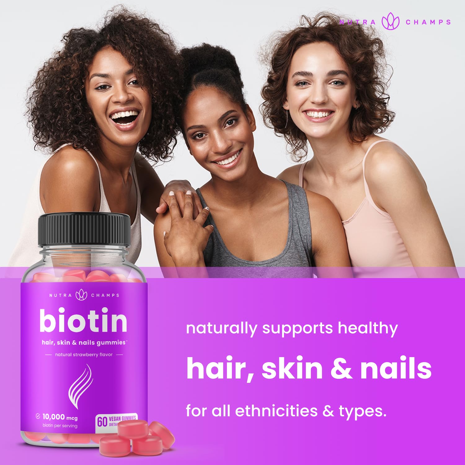 Ingredients and dietary info for NutraChamps Biotin Gummies (vegan, plant-based)