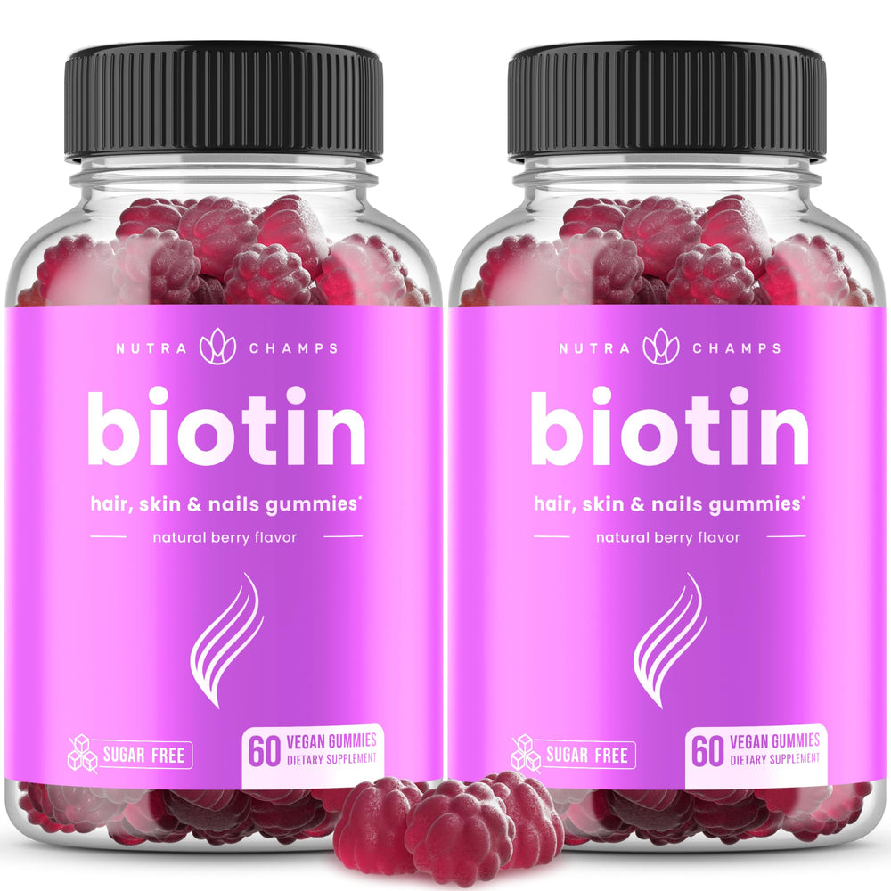 Front view of NutraChamps Sugar Free Biotin Gummies Raspberry 2-pack with raspberry flavor