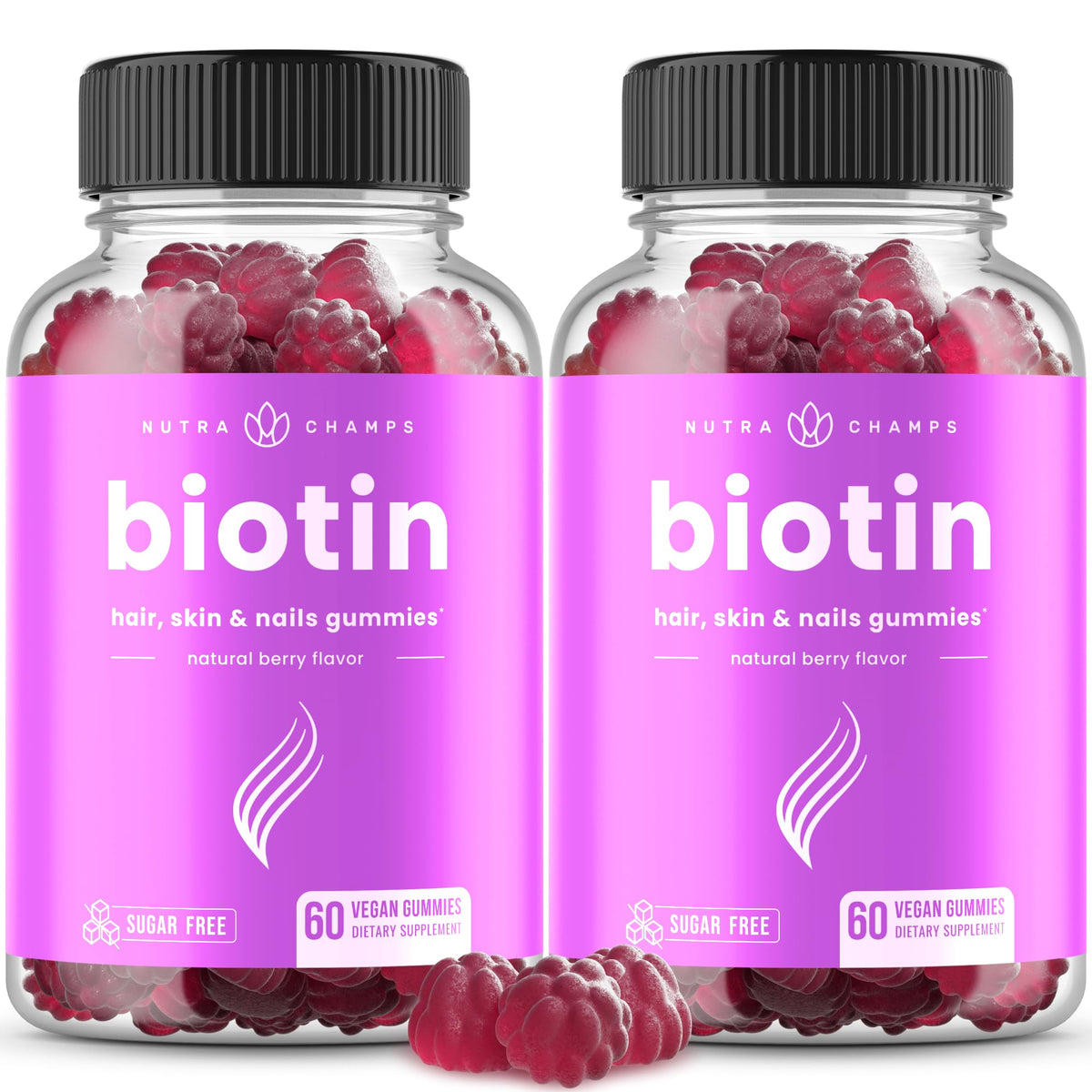 Front view of NutraChamps Sugar Free Biotin Gummies Raspberry 2-pack with raspberry flavor