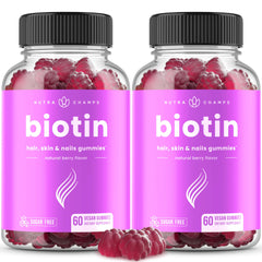 Front view of NutraChamps Sugar Free Biotin Gummies Raspberry 2-pack with raspberry flavor