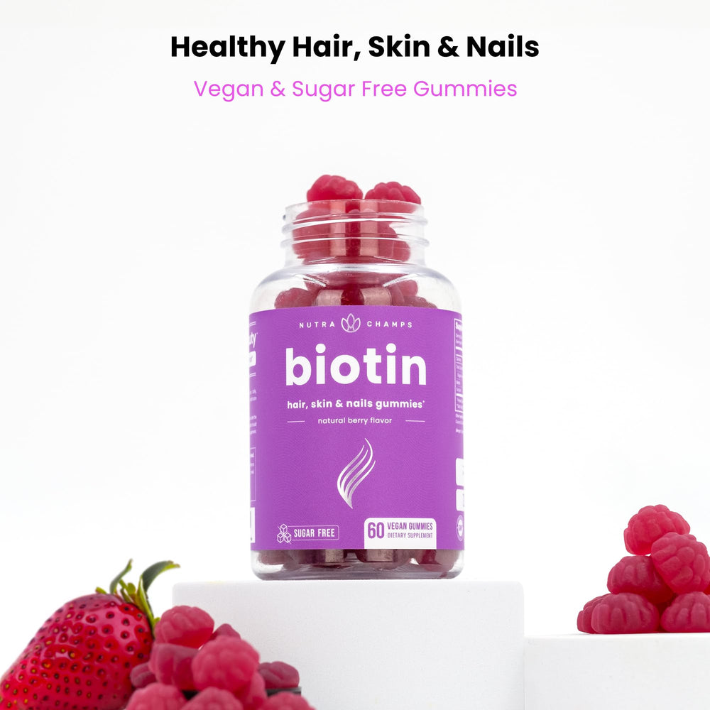 NutraChamps Biotin Gummies Raspberry packaging and bottle in a 2-pack