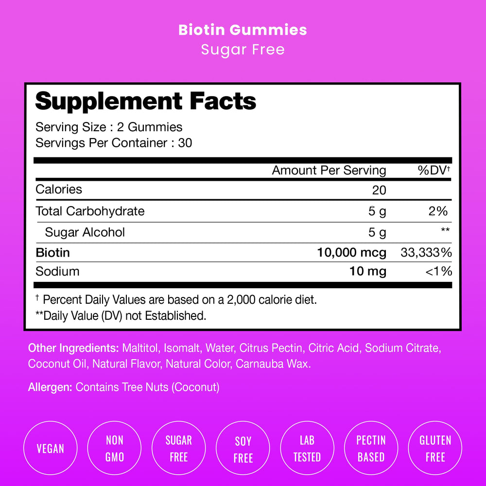 Allergen-free, non-GMO biotin gummies in Raspberry flavor