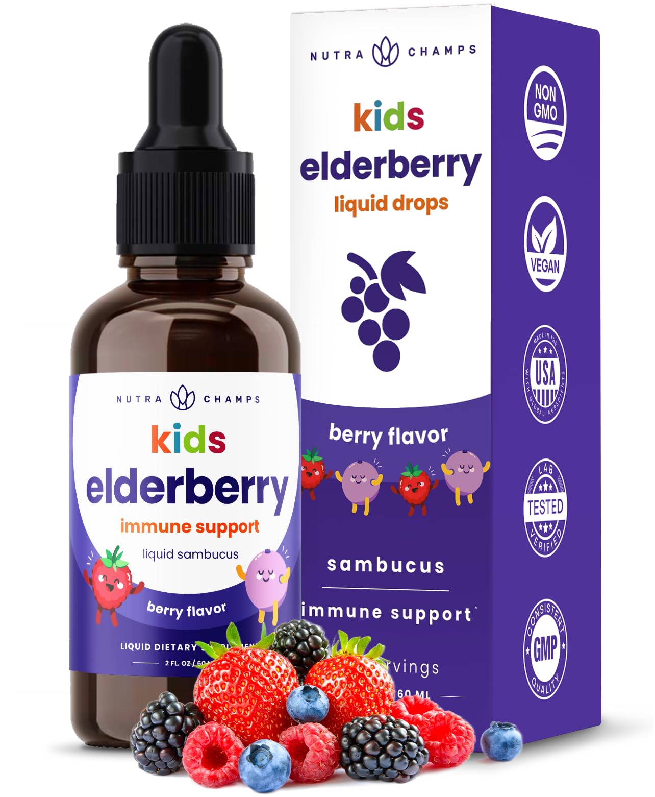 Bottle of NutraChamps Black Elderberry for Kids Drops with 10:1 extract