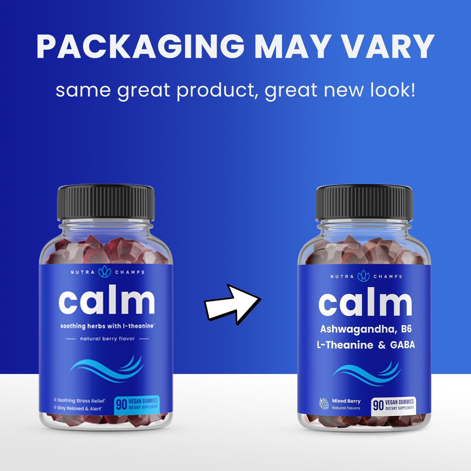 Packaging for NutraChamps Calm Gummies—vegan, non-GMO, gelatin-free