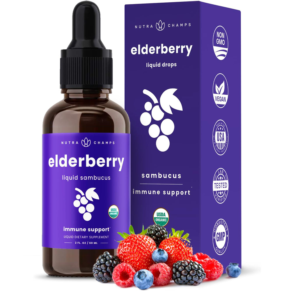 NutraChamps Black Elderberry Syrup bottle showing label with 2000mg Sambucus extract