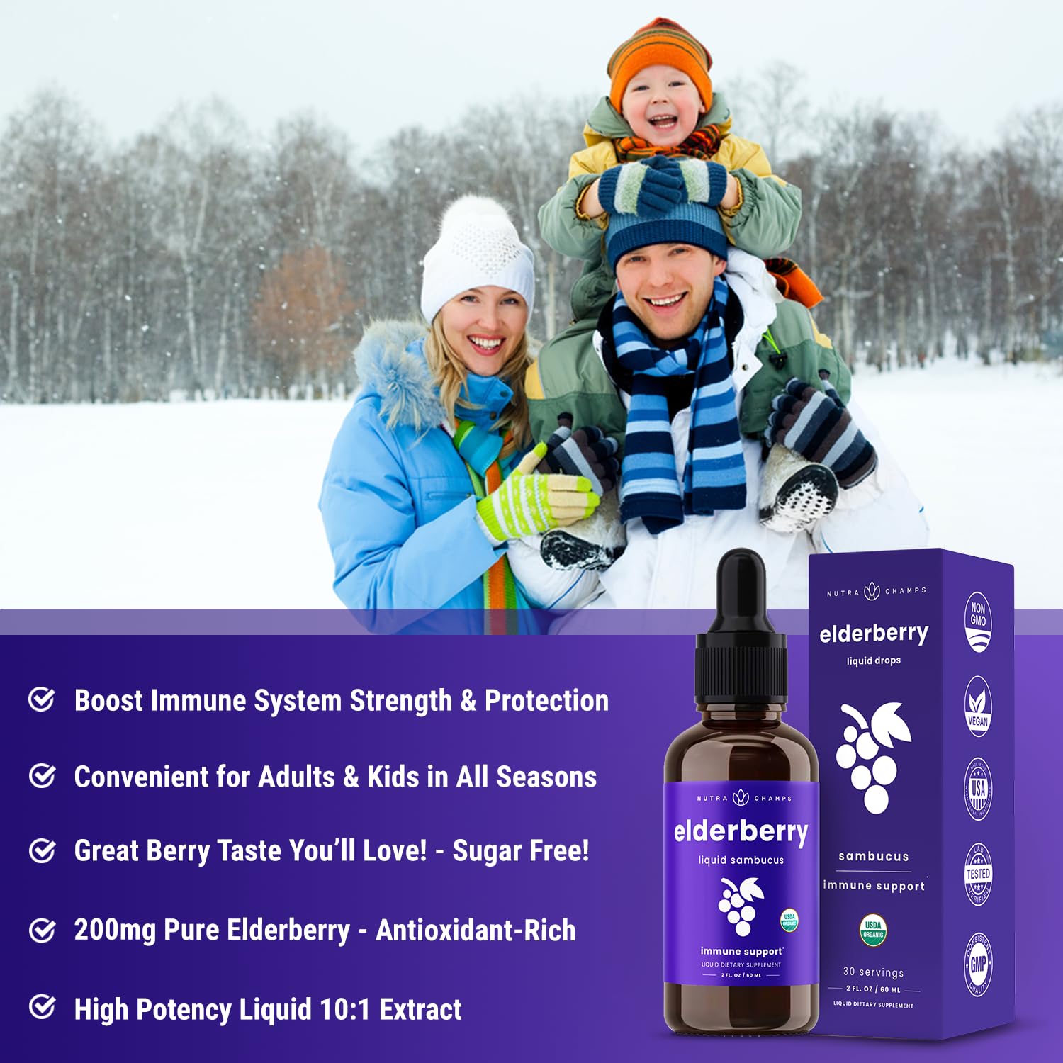 Berry flavored elderberry liquid in bottle for immune support
