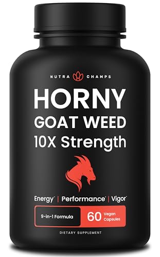 Bottle of NutraChamps Horny Goat Weed 1000mg Epimedium with 60 vegan capsules