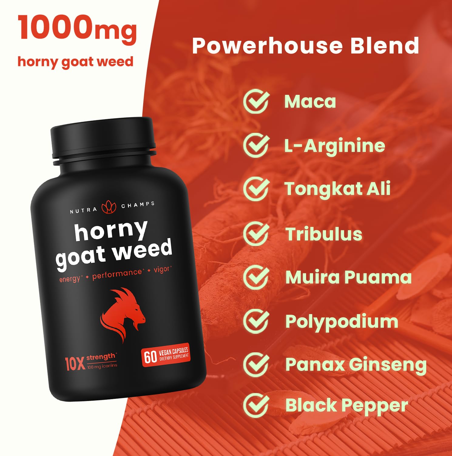 NutraChamps Horny Goat Weed with L-Arginine and Tongkat Ali for performance