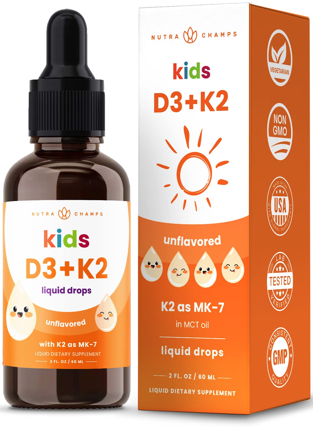 NutraChamps Kids D3 K2 Drops bottle with dropper
