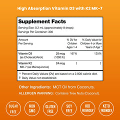 Nutrition label on NutraChamps D3 K2 Drops bottle