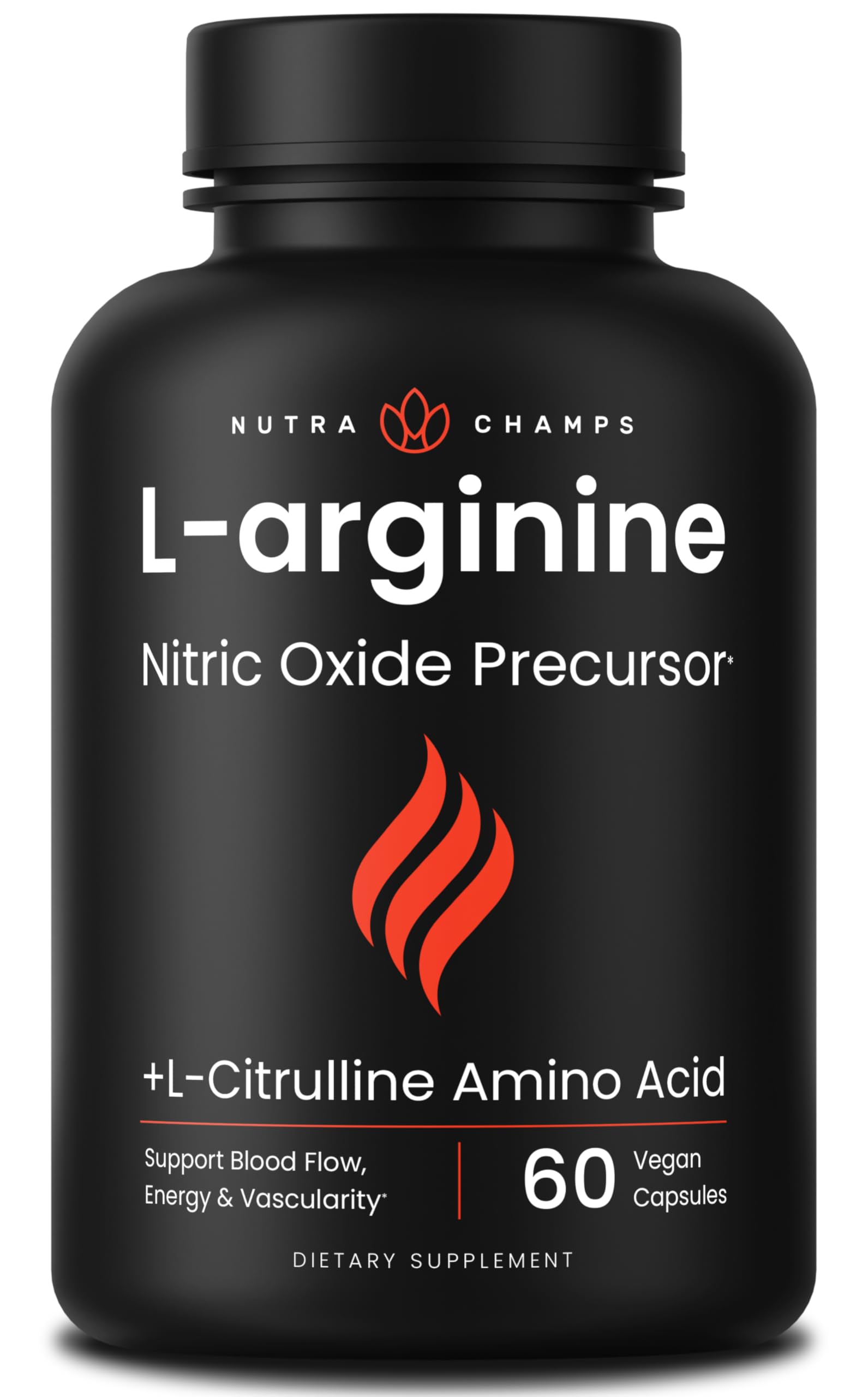 Front view of NutraChamps L Arginine supplement bottle with 60 vegan capsules.