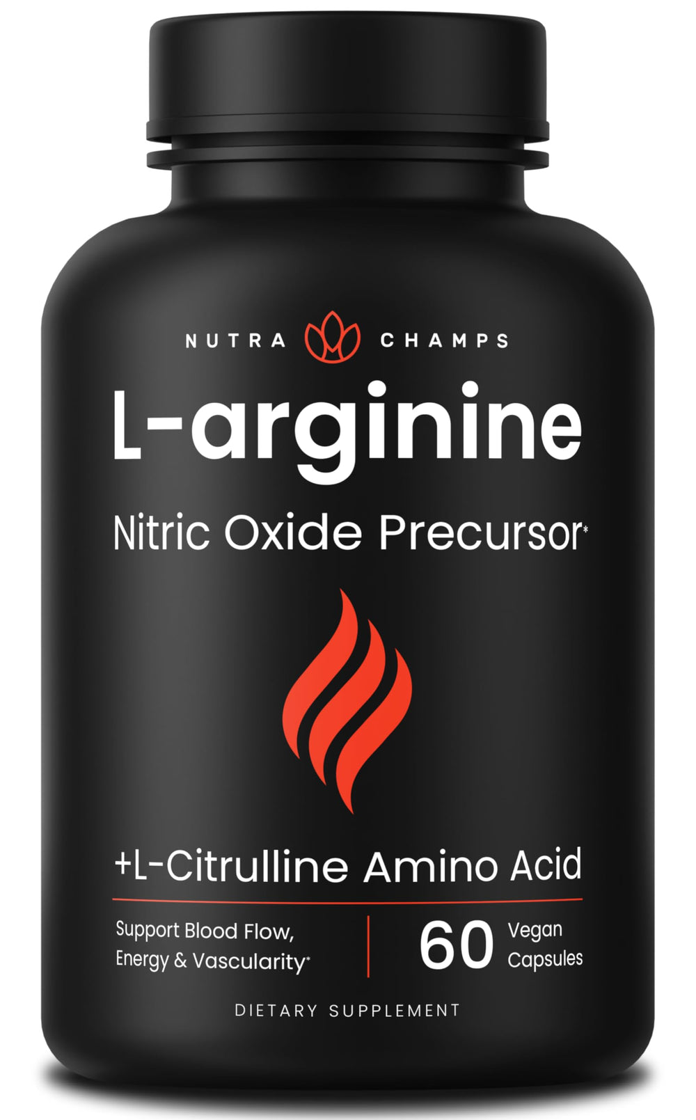 Front view of NutraChamps L Arginine supplement bottle with 60 vegan capsules.