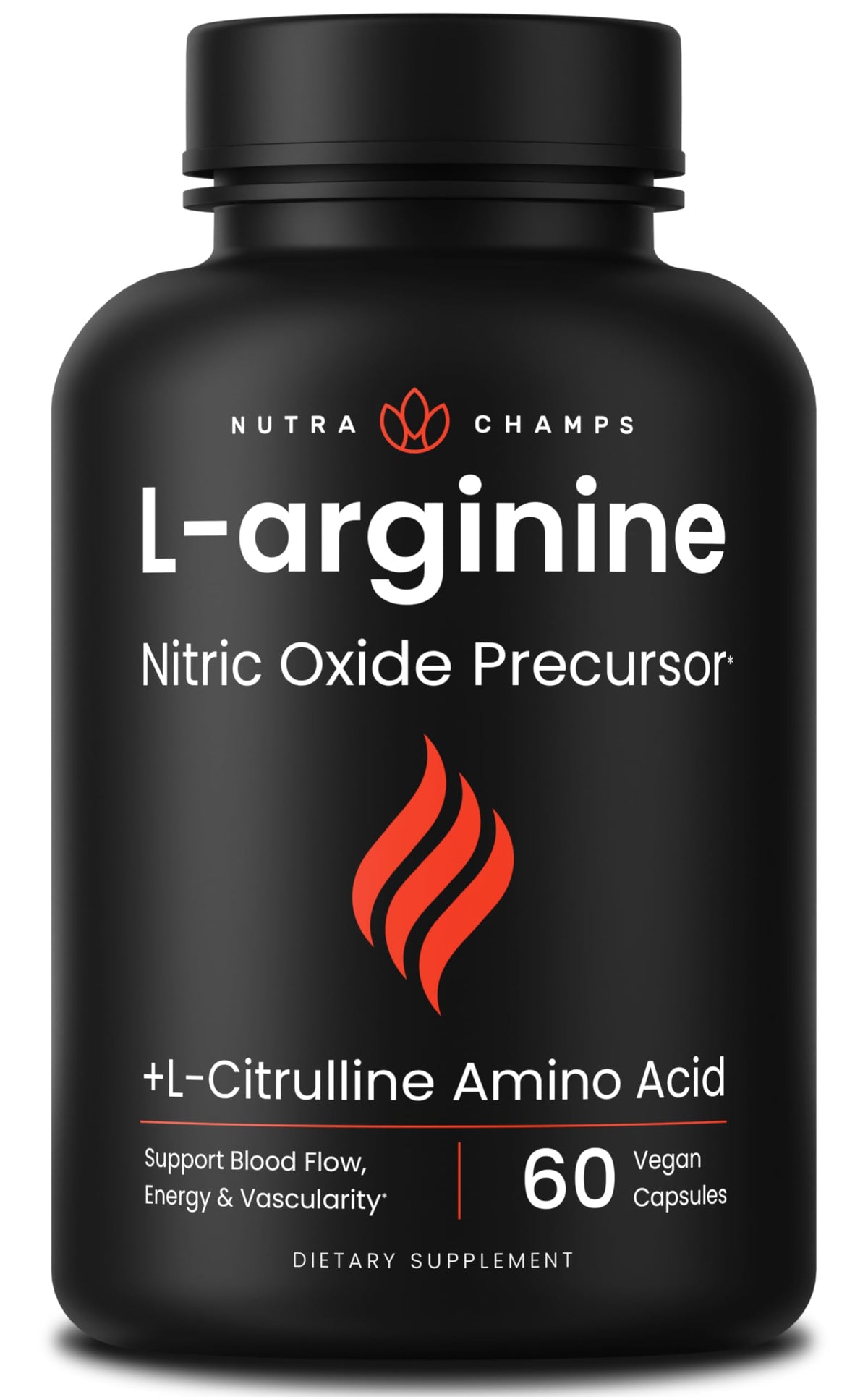 Front view of NutraChamps L Arginine supplement bottle with 60 vegan capsules.