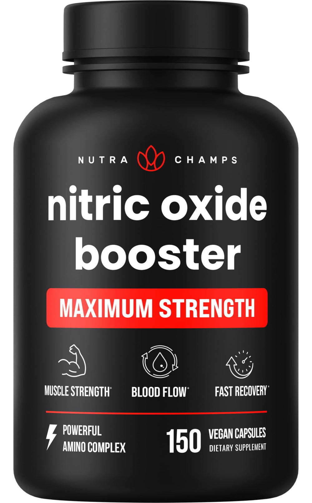 NutraChamps Nitric Oxide bottle front—enhanced blood flow for workouts
