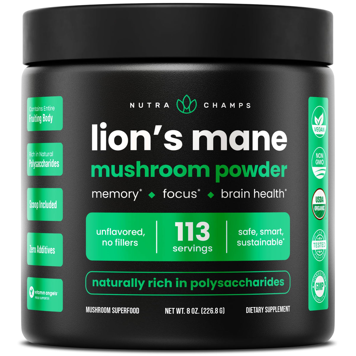 Front view of NutraChamps Organic Lion's Mane Powder 8oz