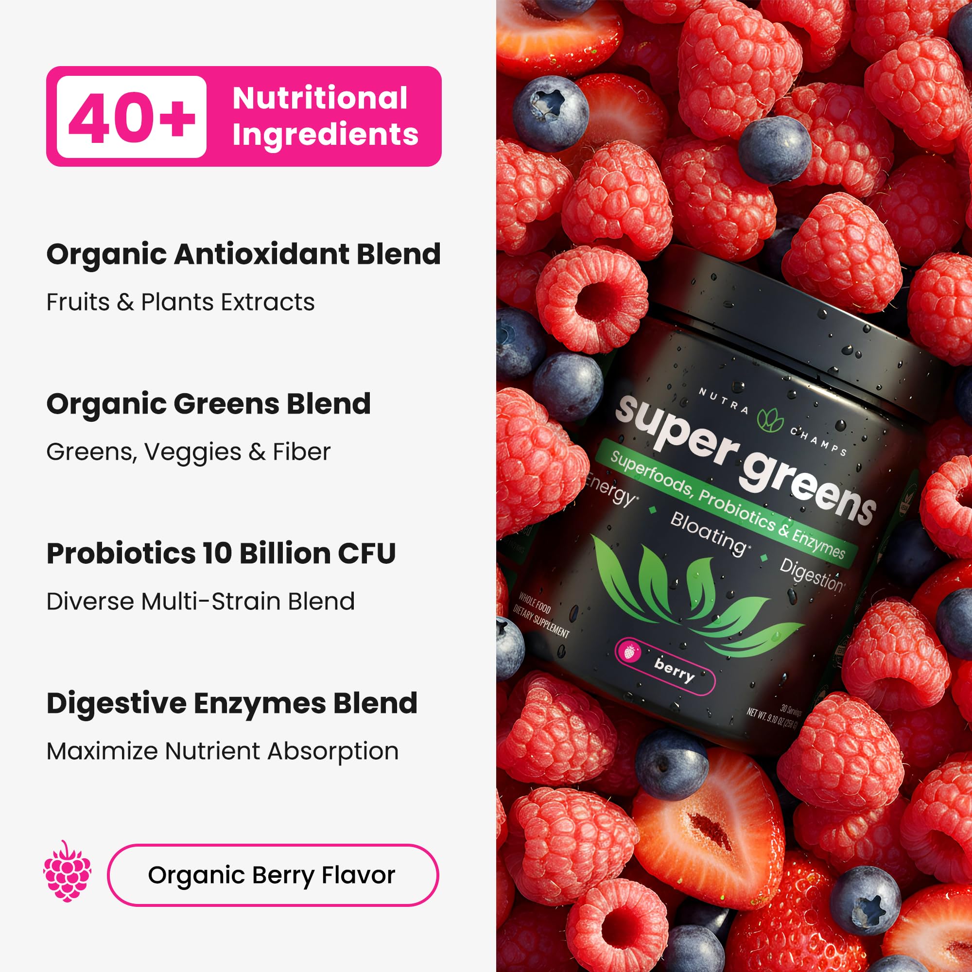 Spirulina, chlorella and wheat grass visuals for NutraChamps greens