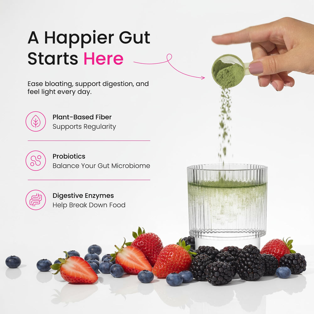 Berry flavored NutraChamps Super Greens packaging with ingredients