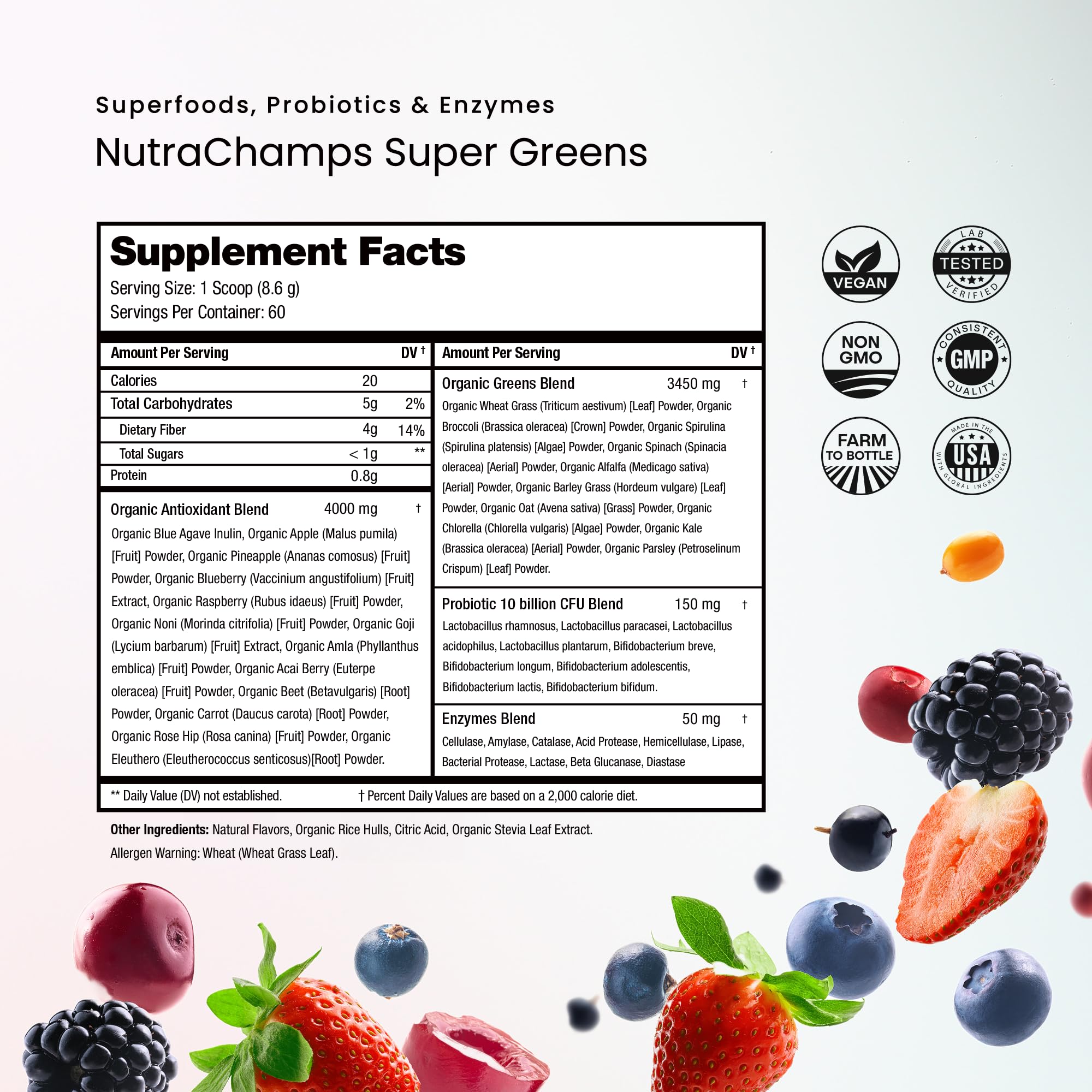 Nutrition facts panel and organic ingredients of NutraChamps Super Greens