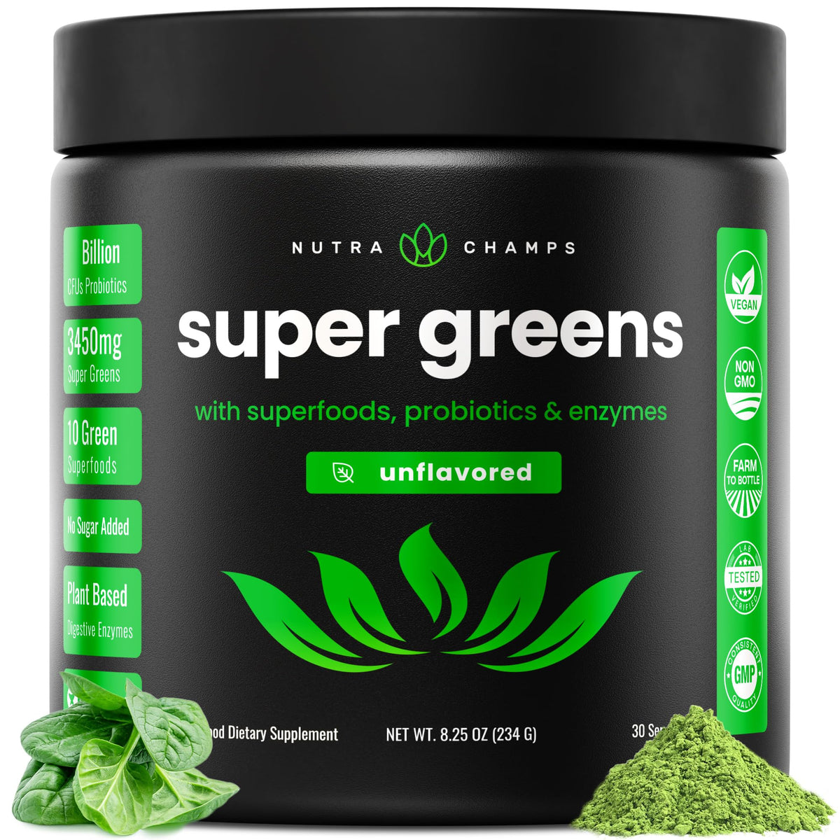 NutraChamps Super Greens Powder 9.0 oz unflavored container