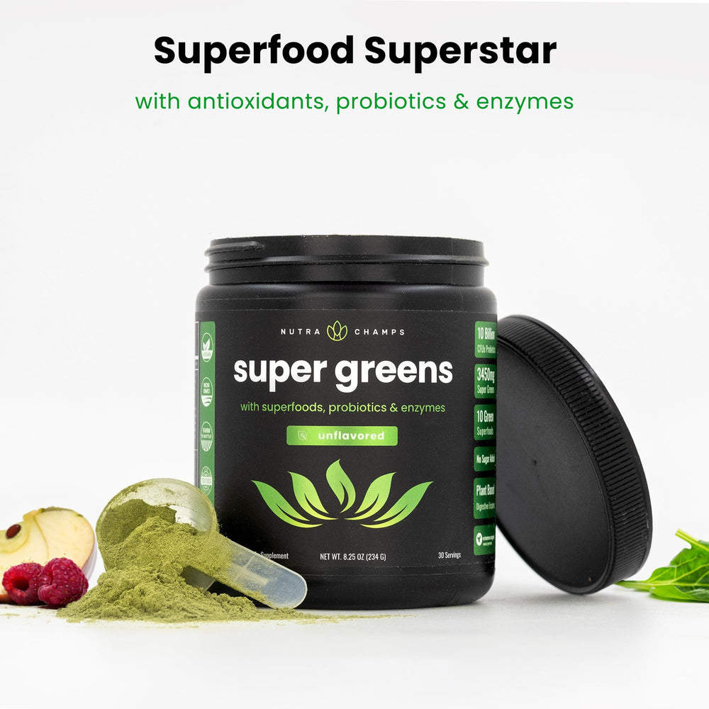 Front view of NutraChamps Super Greens packaging