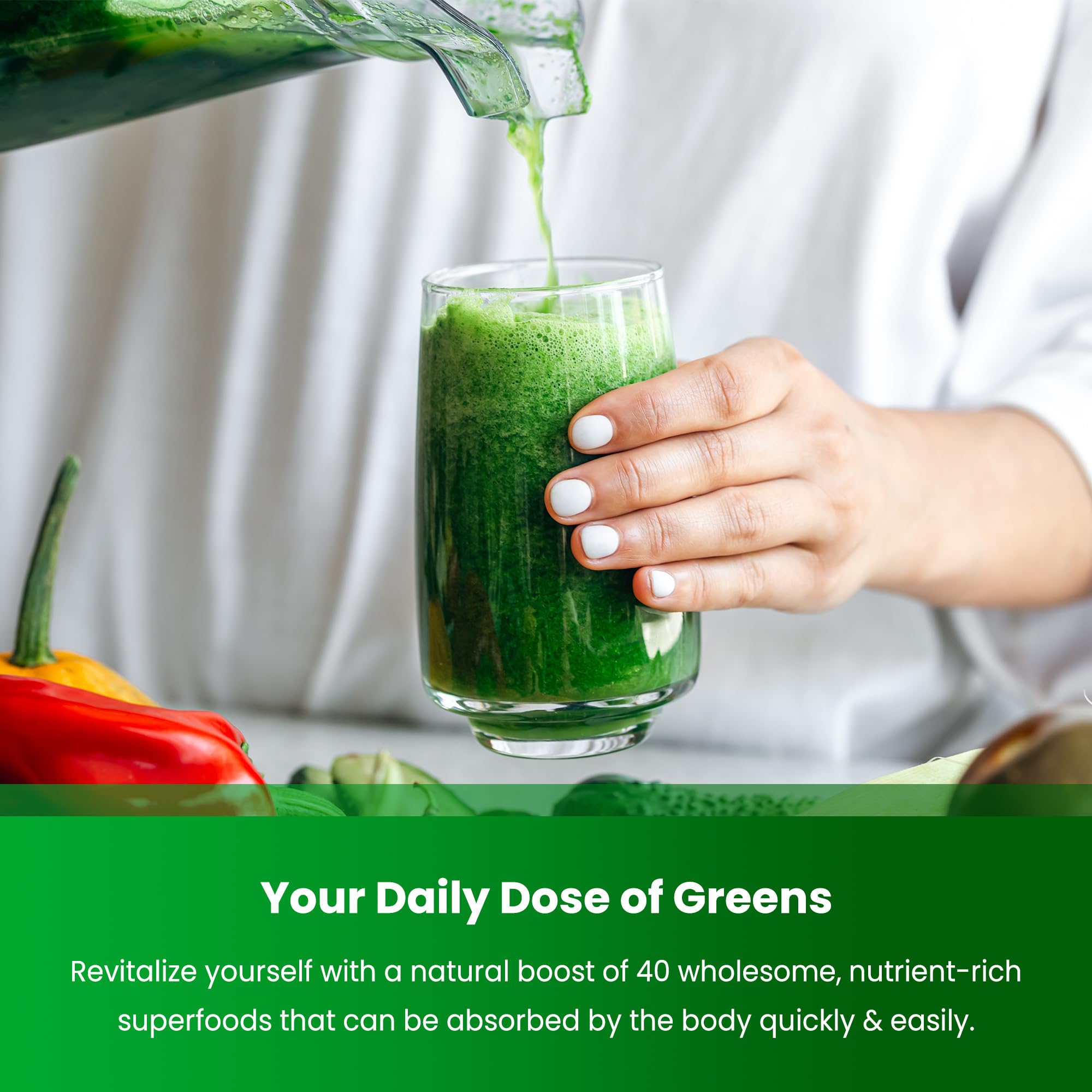 Close-up of organic greens ingredients: spirulina, chlorella, and wheatgrass