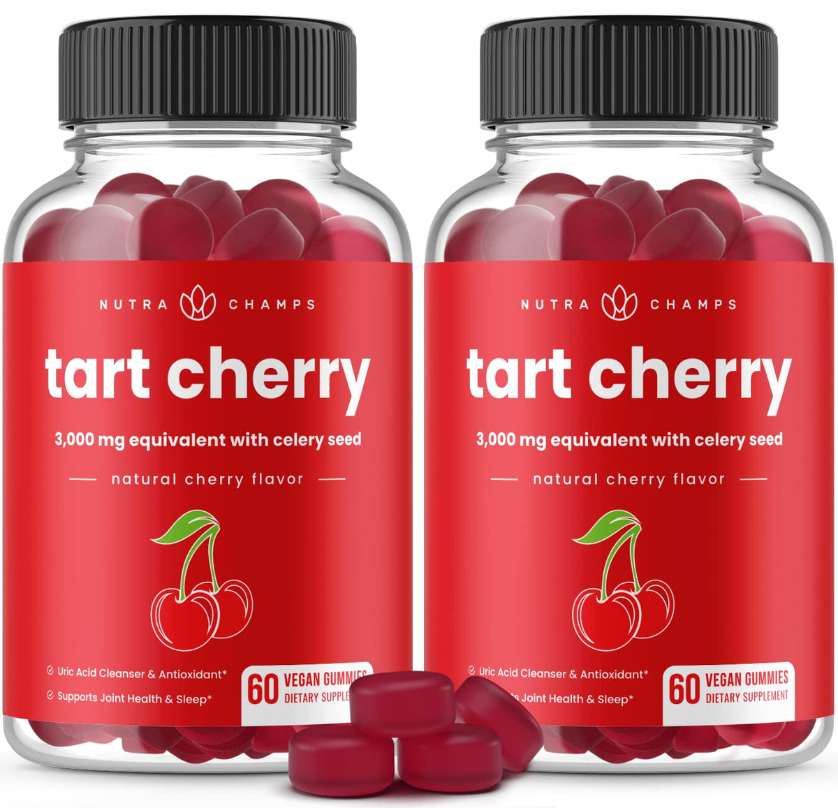 Bottle of NutraChamps Tart Cherry Gummies on white background