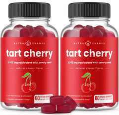 Bottle of NutraChamps Tart Cherry Gummies on white background