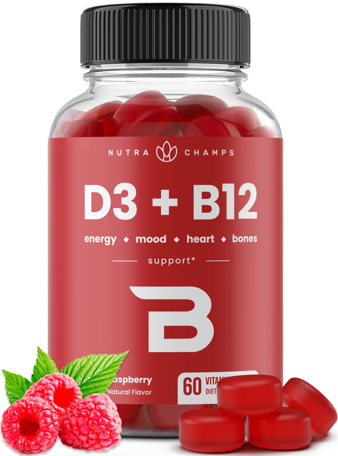 NutraChamps Vitamin D3 & B12 Gummies Raspberry bottle - 60 count