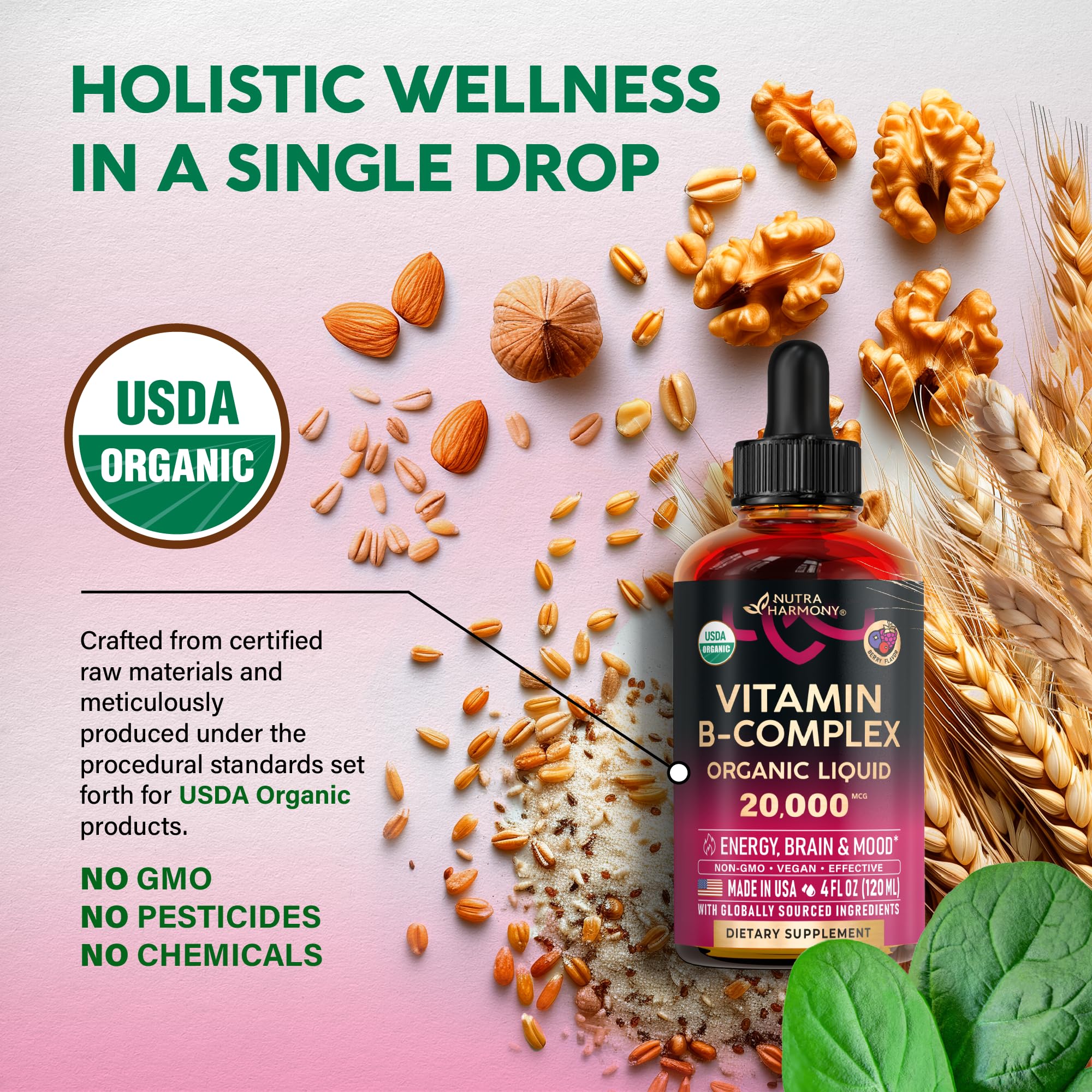 NutraHarmony B Complex Drops berry flavor hints easily for daily vitality.
