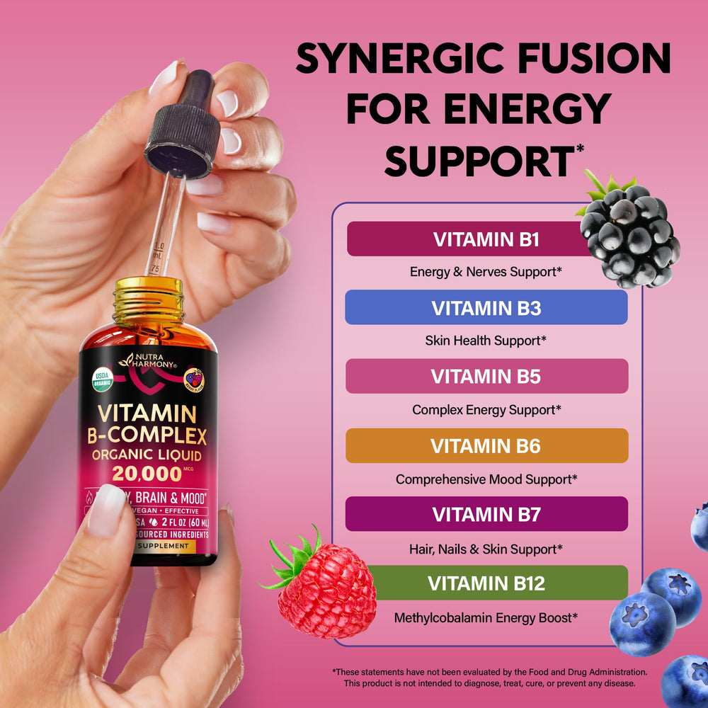 NUTRAHARMONY B Complex Drops packaging emphasizes USDA Organic and USA-made quality.