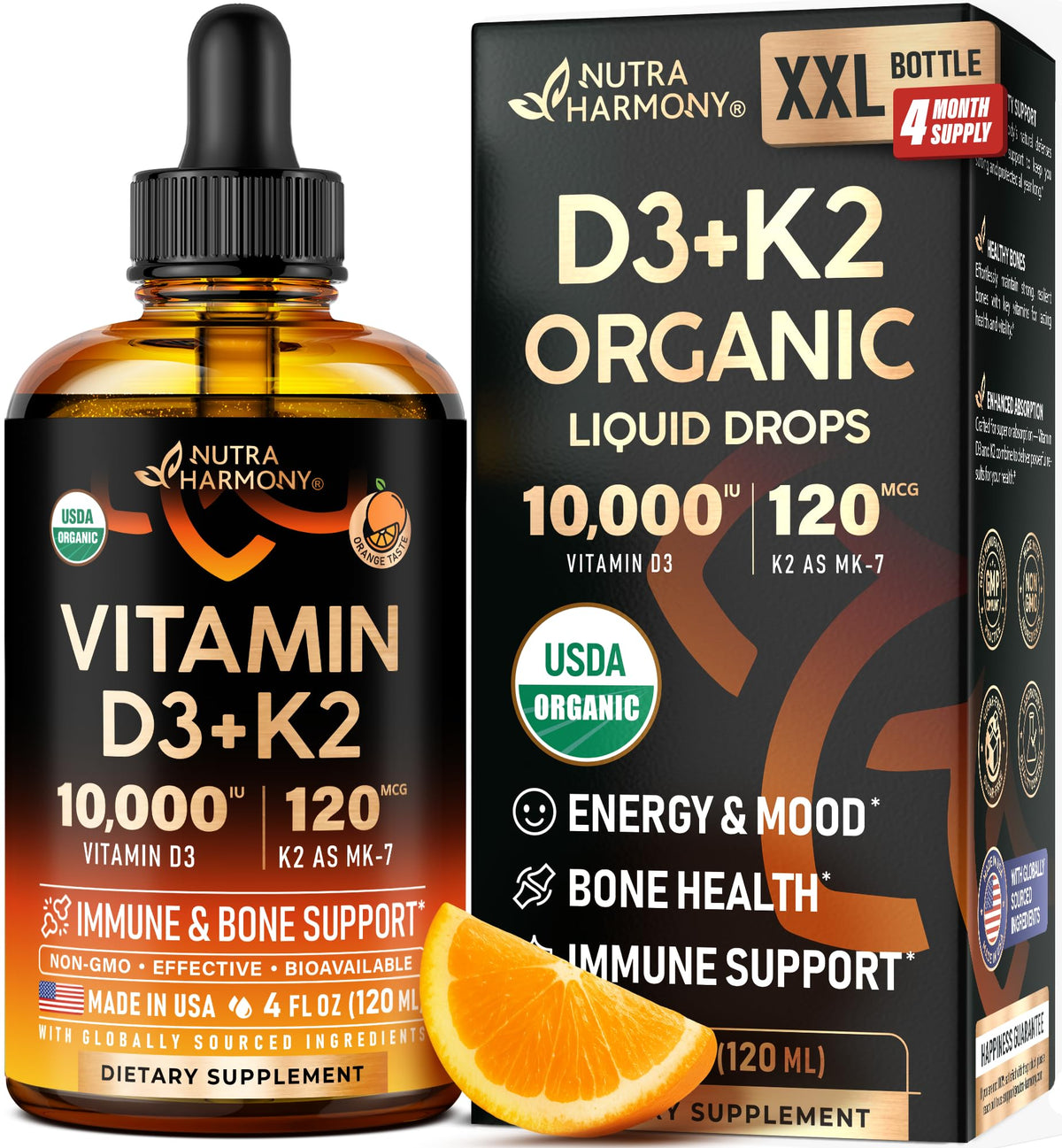 NutraHarmony Vitamin D3 + K2 Drops bottle front with orange flavor label
