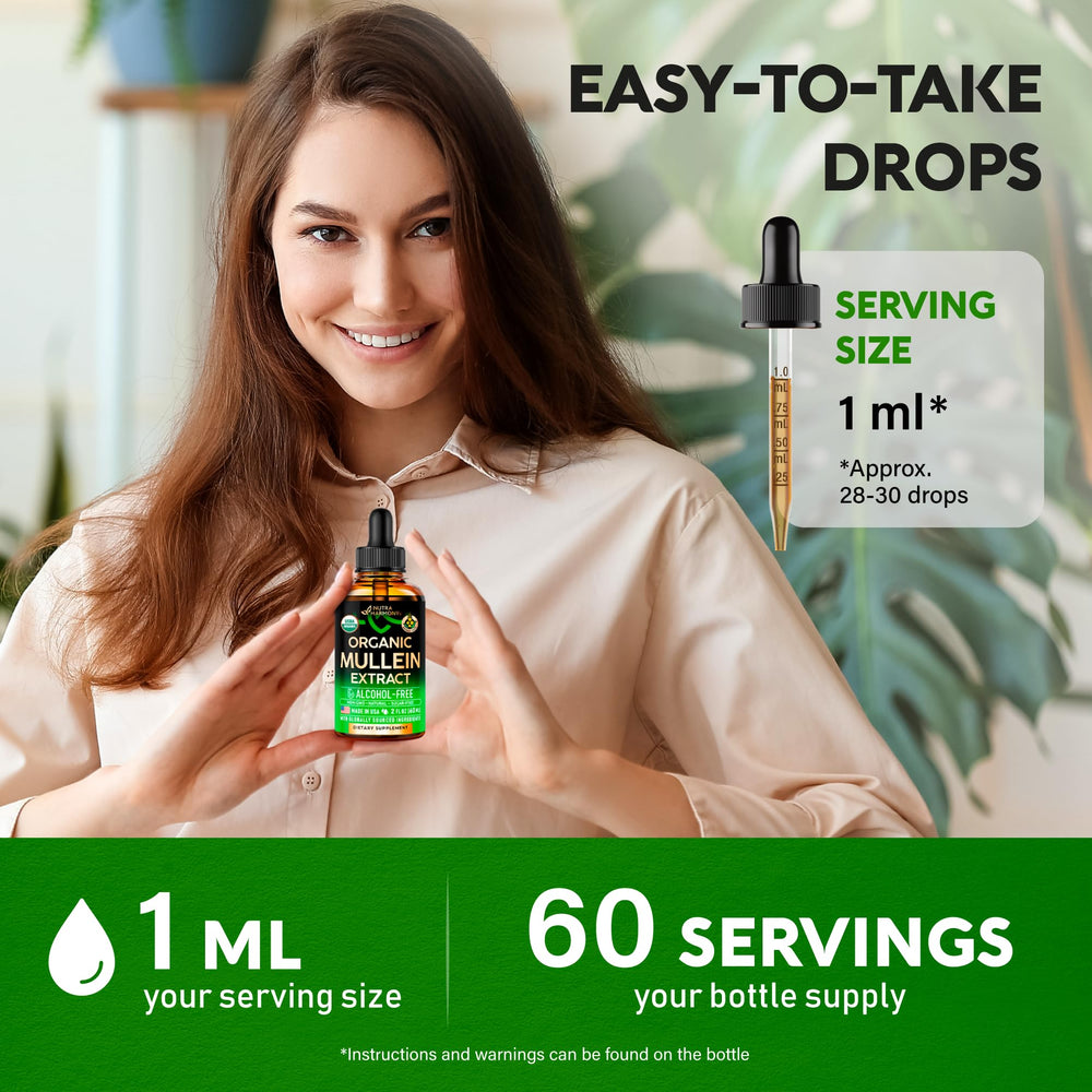 Glass bottle containing mullein drops ready for daily use