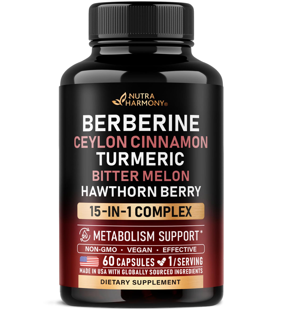 NUTRAHARMONY front bottle view showing product benefits and design