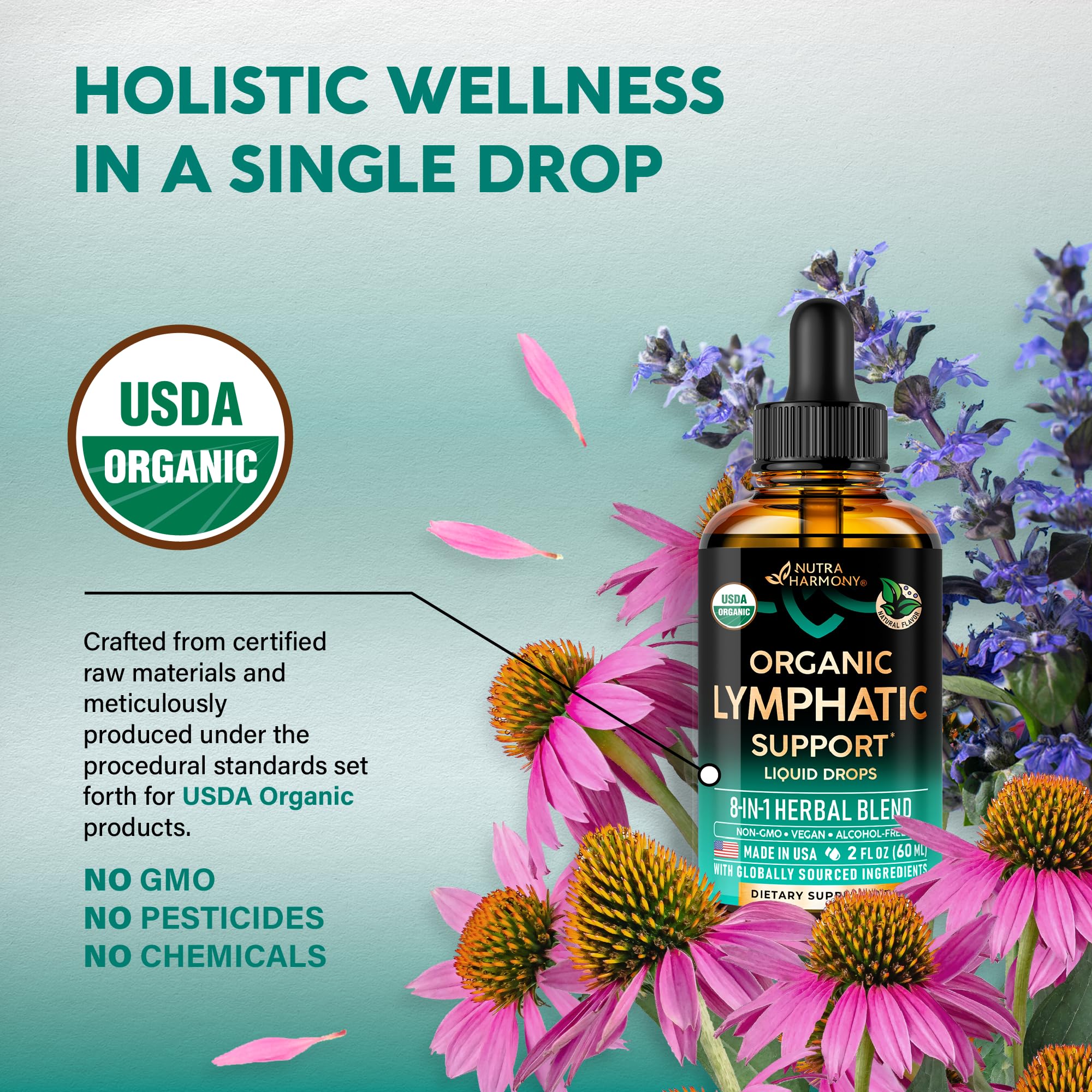 NutraHarmony Lymph Drops herb blend features elderberry, dandelion, and echinacea