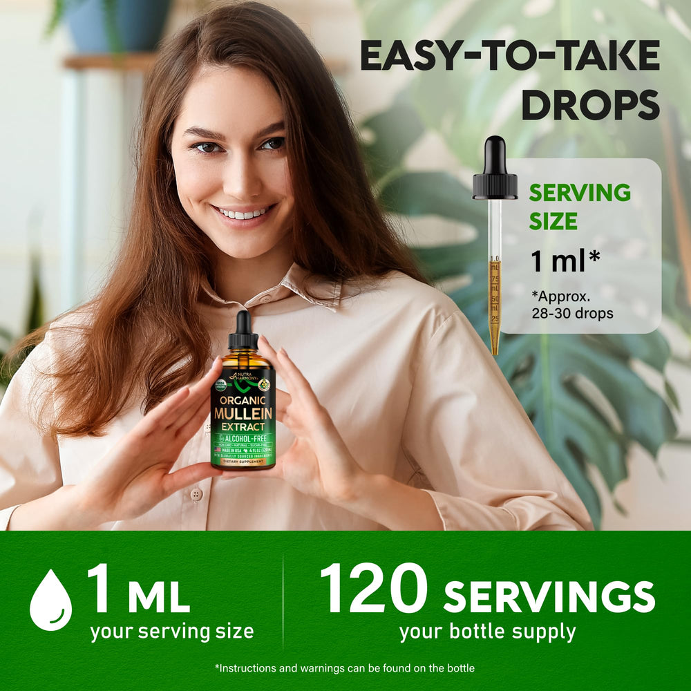 NutraHarmony Mullein Drops bottle on counter signals premium quality.